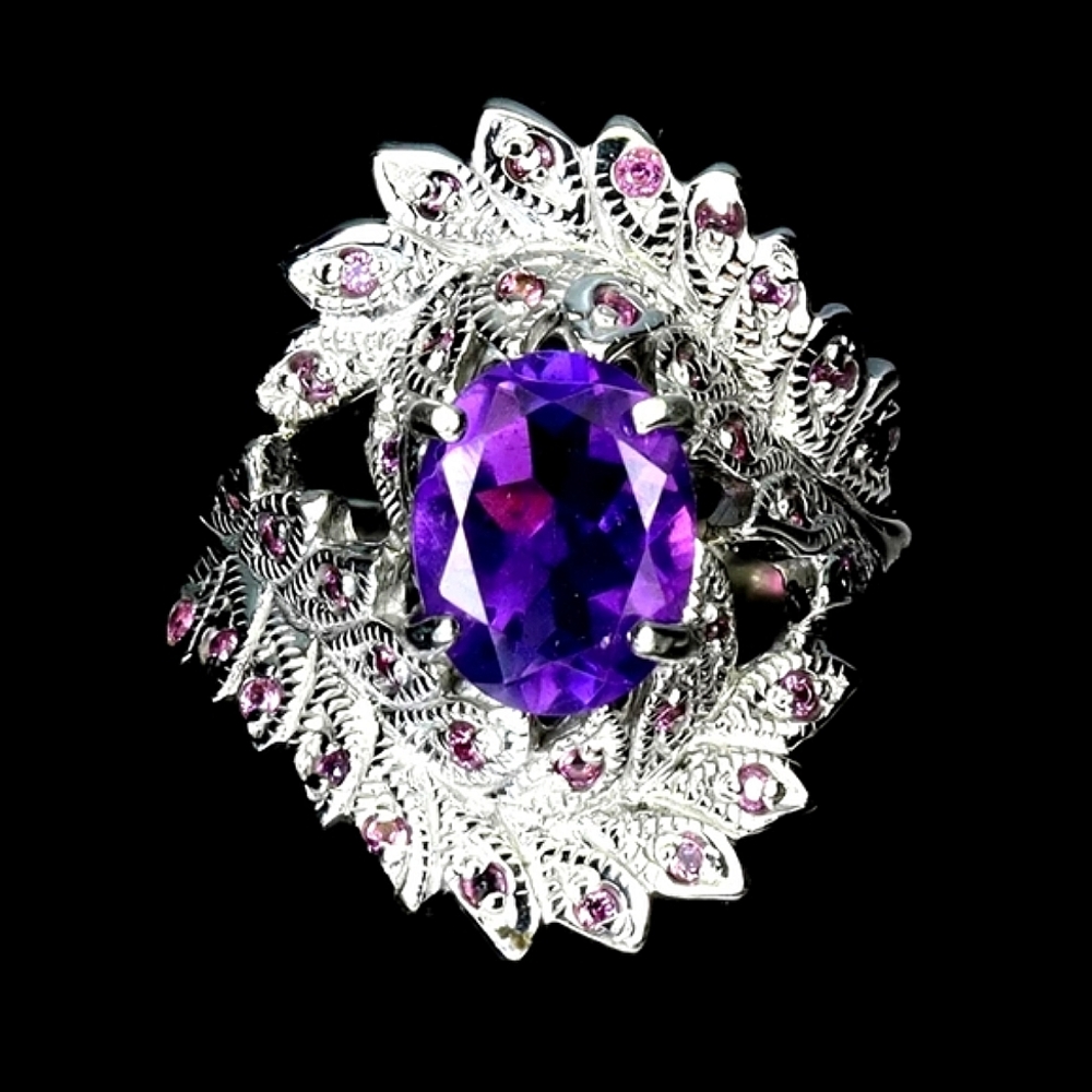 925 Sterling Silver Ring Sz 7.5 with Natural Amethyst 9x7mm & Rhodolite Garnet